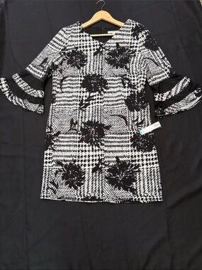Studio One Black & White Floral Houndstooth Midi Dress with Tiered Bell Sleeves